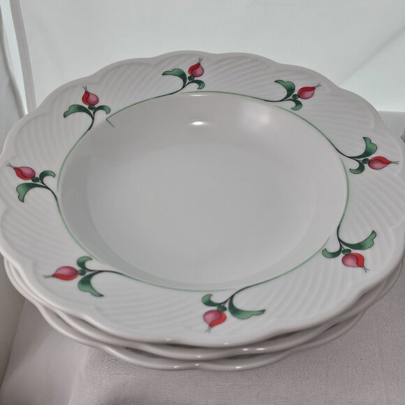 Dansk Rosebud Soup Bowls 9" scallop textured large rim floral romantic set/6 - Picture 6 of 11